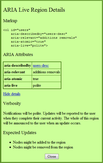 Example dialog generated by the live regions function